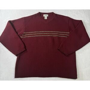 Vintage LL Bean Sweater Mens M Maroon Red Wool Blend Waffle Striped Fisherman